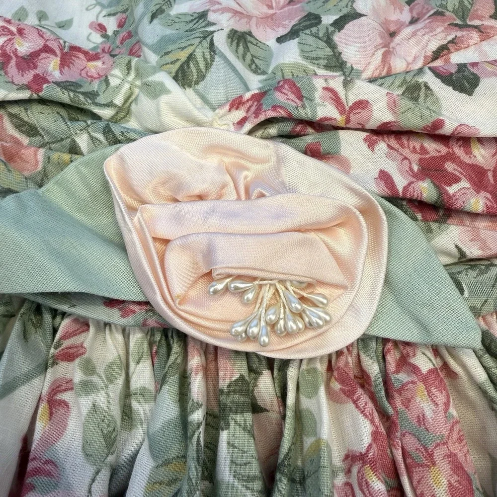Bonnie Jean Girls Size 7 Floral Flowers Lace Multicolor Dress Puff Sleeves Bow